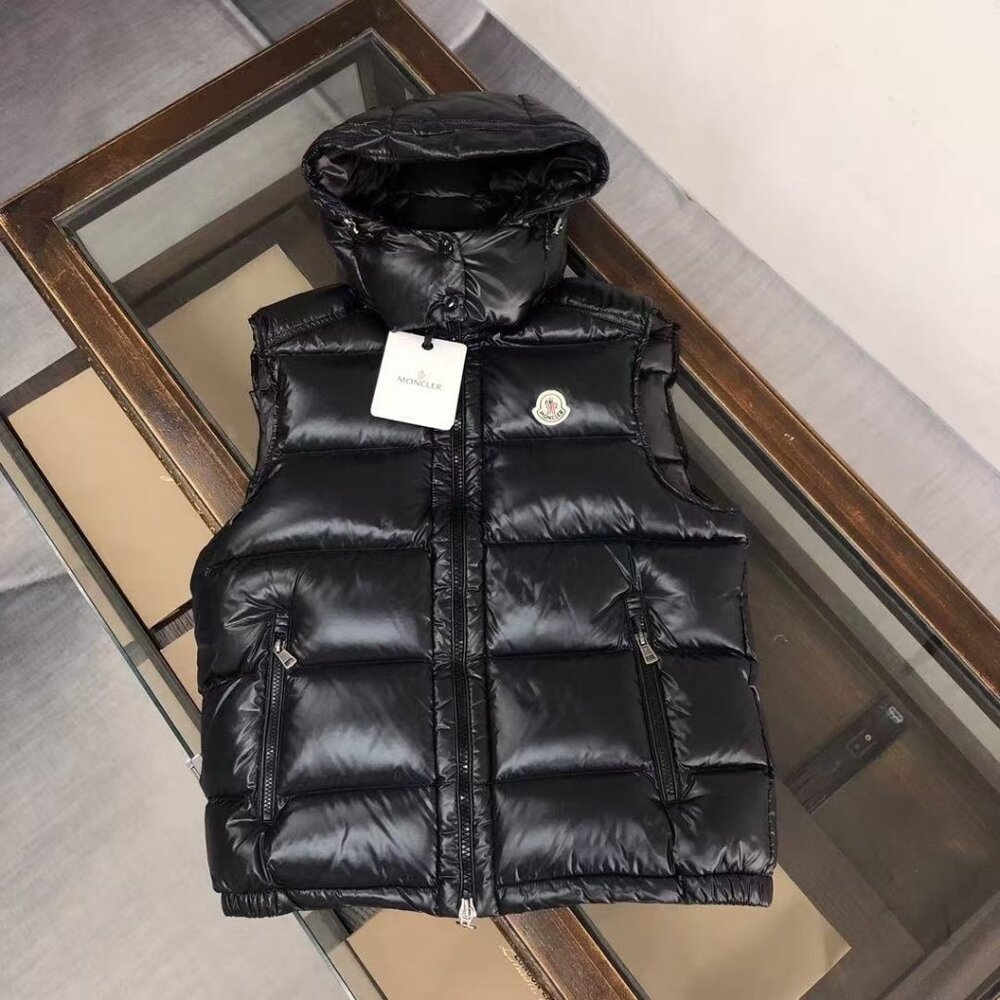 Moncler Black Glossy Detachable Hooded Down Vest, Size M
